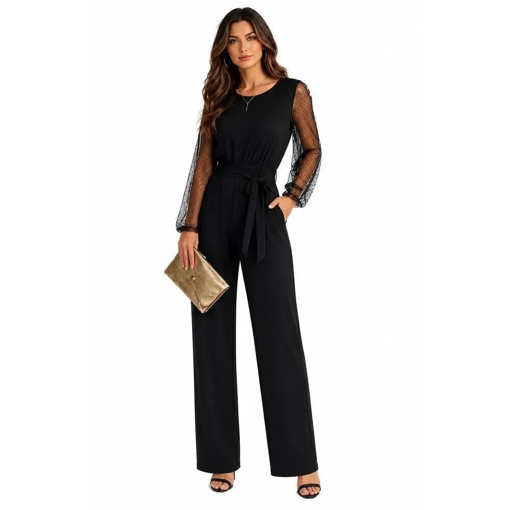 Luxology Black Jumpsuit Small Belted Sheer Lace Dotted Sleeve Modern Glam